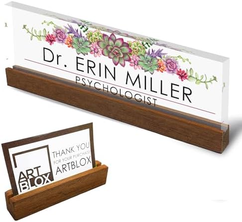 Artblox Office Personalized Name Plate for Desk with Business Card Holder On Clear Acrylic Glass Succulents Flowers Design Custom Desk Name Plate with Your Name and Credentials Customized Gift by Artblox