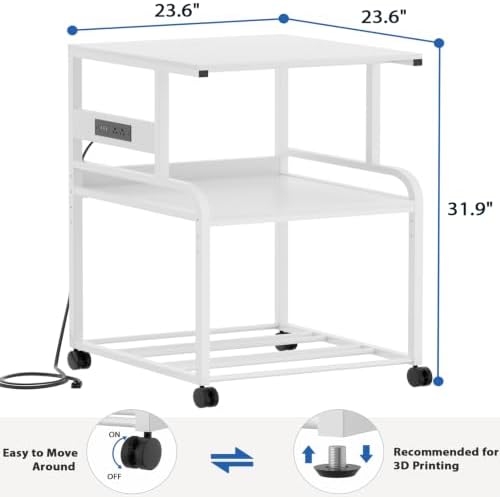 Homieasy 3D Printer Stand with Power Outlet, 23.6" x 23.6", White - Image 5