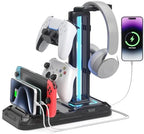 KDD Headset Stand with Charging Station - Detachable Controller Holder with 9 Light Modes - Rotatable Headphone Hanger with USB A&C Charger Ports - Earphone Hook for PC Gaming Accessories Storage by KDD