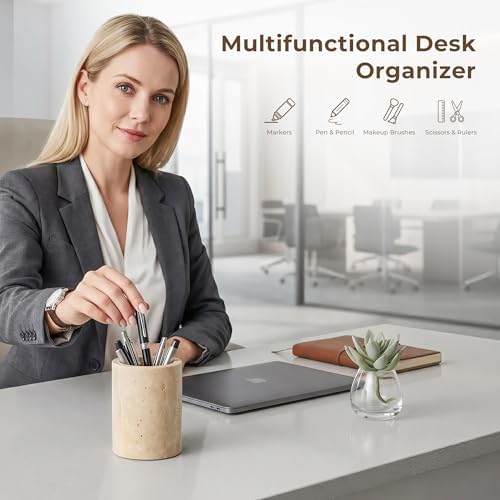 Travertine Stone Pen Holder for Desk, Handcrafted Volakas Sturdy Desk Organizer for Office Supplies Storage Desktop Stationary Makeup Brushes Cup Pencil Holders for Home Beige (WH101) - Image 3