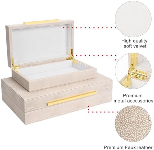 Ivory Shagreen box Set of 2 Faux Leather Decorative Boxes,Large Nesting Storage Decorative Boxes with Lids for Modern Home Decor Stacking Jewelry Box Organizer - Image 2