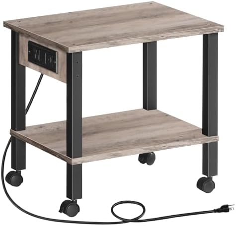 HOOBRO 2-Tier Printer Stand with Charging Station, Under Desk Printer Table, Printer Cart with Storage Shelves, Shelf for Small Spaces, for Home Office, Greige and Black BG38UPS01 by HOOBRO