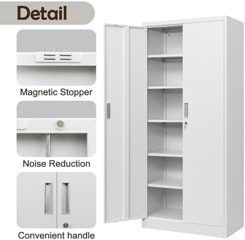 CJF 71" H Metal Storage Cabinet, Locking Cabinet with 2 Doors and 5 Adjustable Shelves, White Tall Cabinet for Garage, Home, Office, Pantry, Workshop, School - Image 6