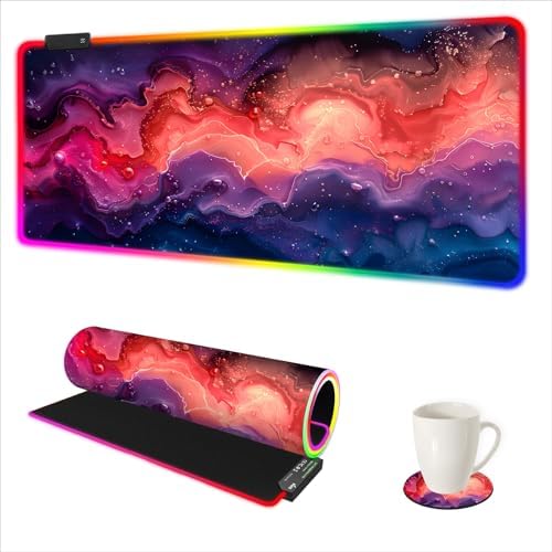 AIMSA Extra Large RGB Gaming Mouse Pad with 14 Light Modes, Extended LED Mouse Pad, Anti-Slip Rubber Base, Computer Keyboard Mousepad Mat, Abstract Purple Marble by AIMSA