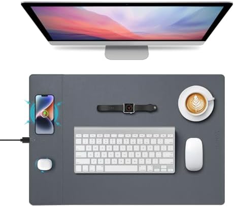 Wireless Charging Mouse Pad, 15W Fast Charge Magnetic Charger Desk Pad, Large Office Desk Mat (23.4x15.6) with Ultra-Smooth Surface, Gray Computer Mousepad for MacBook, PC, Laptop by Hi-HONX