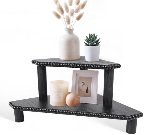 2-Tier Rustic Corner Shelf for Kitchen Counter,Wood Beaded Farmhouse Countertop Organizer with Removable Feet, Stackable Bathroom Vanity & Coffee Bar Decorative Riser Stand(Rustic Black) by MITREL