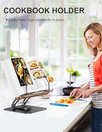 Tounee Book Stand for Reading, Adjustable Book Holder with 360° Swivel Base, Foldable Cookbook Stand Recipe Book Holder with Elastic Page Clips for Music Scores, Recipe, Tablet, Laptop-Black - Image 3