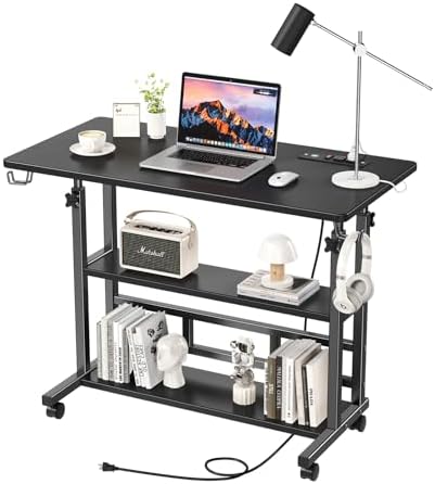 Adjustable Height Standing Desk, Rolling Stand Up Desk with Storage Shelves, 31.5" Small Mobile Computer Desk, Portable Laptop Table (Simple Black) by BYMECOST