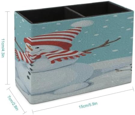 PU Leather Multi-Compartment Pen Holder Desktop Organizer Pencil Cup Storage Caddy for Office Home Supplies Winter Time Snow Silhouette with Bird Branches Happy Christmas - Image 2