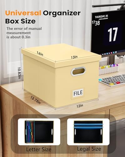 Oterri 2 Pack File Storage Organizer Box, Portable Document Box with Lid,Fit for Letter/Legal File Folder Storage,Cream-yellow(Leather) - Image 2