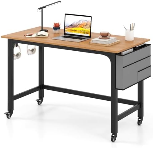 GIANTEX 48" Rolling Computer Desk, Mobile Study Writing Desk with Wheels, Storage Bag & 2 Hanging Hooks, Simple Style Home Office Work Bench, PC Workstation for Study, Bedroom (Natural) by Giantex