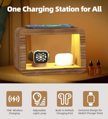 Bamboo Charging Station for Multiple Devices, 15W Fast Wireless Charger Night Light with 3 Color& 4 Adjustable Brightness, Night Stand Charger Station for iPhone/iWatch/AirPods (6953) - Image 4