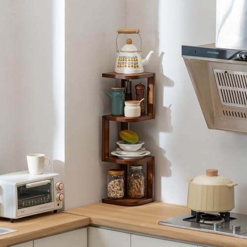 Corner Shelf Stand Desk Organizer,26.8" H Rubberwood Brown Rack for Small Spaces, Bedroom,Home Office,Kitchen,Bathroom (Walnut, 4 Tier) - Image 5