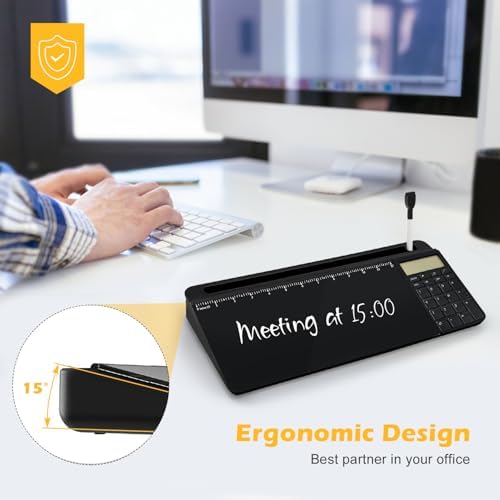 Desktop Glass Whiteboard with Calculator(12 Digit LCD Display) & Ruler Marker,Tilted Notepad Computer Keyboard Stand with Black Dry Erase Board Surface, Desk Organizers with Accessories,Black - Image 5