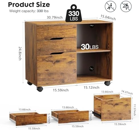 DUMOS 3-Drawer Rolling File Cabinet, Wooden Printer Stand with Storage - Image 2