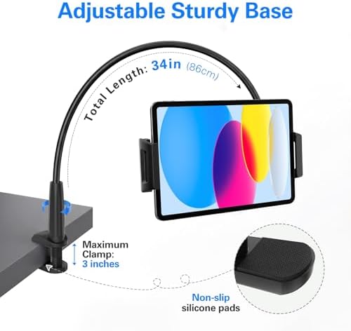 MAGIPEA Gooseneck Tablet Holder for Bed, 34in Reinforced Flexible Arm Tablet Stand with 360° Rotation, Hands-Free Clamp Mount for 4.7–13" iPad, Kindle, Galaxy Tab, Switch - Image 3
