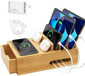 Bamboo Charging Station Organizer with Drawer & Tray, 5-Port USB Charger & 6 Cables, Magnetic Multi-Device Dock for Phones, Tablets, Smartwatches, Kindle, Home & Office by LEOKKARR