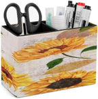 PU Leather Multi-Compartment Pen Holder Desktop Organizer Pencil Cup Storage Caddy for Office Home Supplies Hand Drawn Vibrant Yellow Watercolor Sunflowers Flowers Old Letters by Unknown
