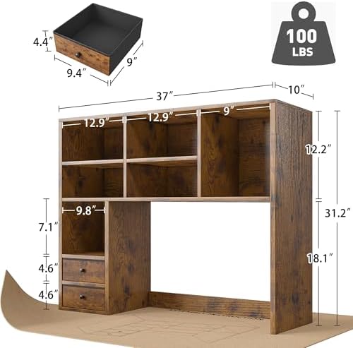 REIBII Desktop Bookshelf, 8 Shelves Desk Hutch for Dorm Room, Rustic Brown - Image 2