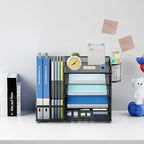 Lavatino Desk Organizer with File Holder, 5-Tier Paper Letter Tray Organizer with Sliding Drawer and 2 Pen Holder, Mesh Desktop File Organizer for Office Supplies (Black) - Image 2