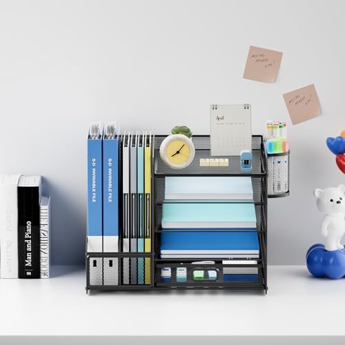 Lavatino Desk Organizer with File Holder, 5-Tier Paper Letter Tray Organizer with Sliding Drawer and 2 Pen Holder, Mesh Desktop File Organizer for Office Supplies (Black) - Image 2