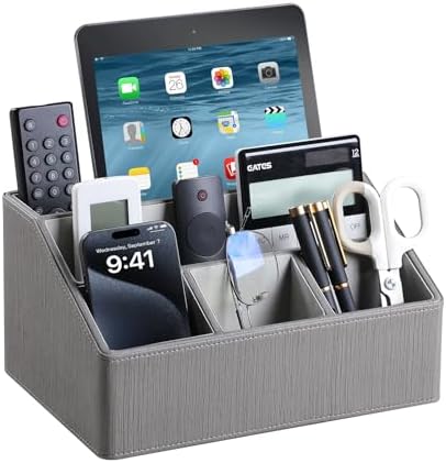 PU Leather Desk Organizer, Remote Control Holder, Grey by MEIBOOCH