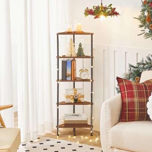 HOOBRO Corner Shelf Stand, Industrial 5-Tier Corner Bookshelf with Metal Frame, Plant Display Shelf, Small Bookcase for Small Spaces, Bedroom, Living Room, Rustic Brown BF33CJ01 - Image 2