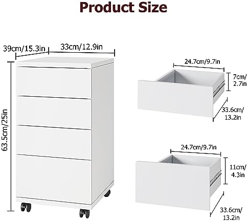 BOTLOG 4-Drawer Chest, Wood Storage Cabinet with Wheels, Rolling Pedestal Under Desk Drawer for Home Office Legal/Letter/A4 Size White - Image 2