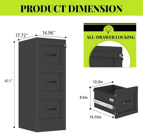 3-Drawer Metal File Cabinet with Lock, Tall Narrow Vertical, Black - Image 2