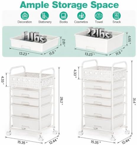 5 Drawer Rolling Storage Cart with Pegboard Top and Hooks, White - Image 2