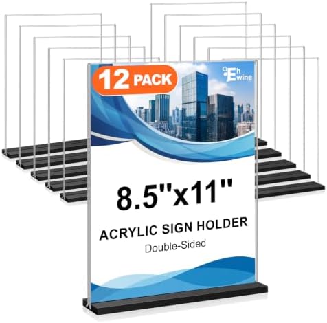 EHWINE 12 Pack Acrylic Sign Holder 8.5 x 11, Double-Sided Stand up Table Top Sign Holders, Clear Acrylic Picture Frame Menu Flyer Paper Holder Display Stand for Office Business Store Wedding Party(Black Base) by EHWINE