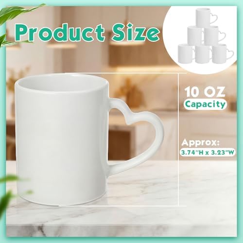 Pickmesh 10oz White Blank Sublimation Mugs Set of 6, Heart Handle - Image 3
