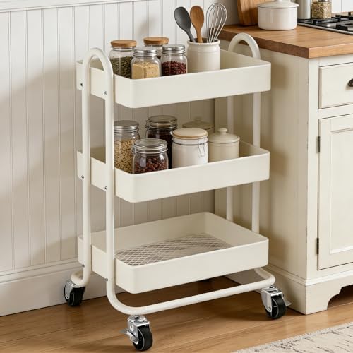 3 Tier Metal Rolling Cart, Utility Storage Cart Shelf Organizer with Wheels for Home & Office, Cream - Image 4