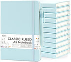 feela 12 Pack Notebooks Journals Bulk, Hardcover Notebook Classic Ruled Lined Journals with Pen Holder for Women Girls School Business Supplies, with 12 Black Pens, 120 GSM, 5.1”x8.3”, A5, Sky Blue by feela