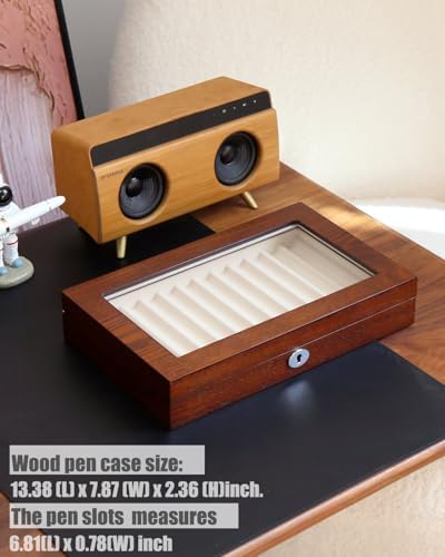 Wooden Pen Display Case – 12 Slot Lockable Fountain Pen Storage Box, Brown Collectors Display with Glass Top, Gift for Men - Image 3