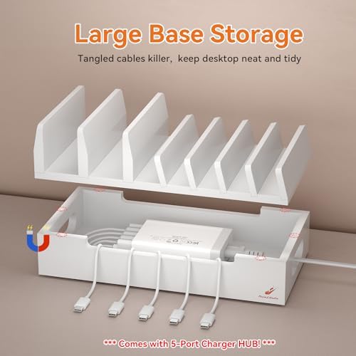Bamboo Charging Station with 5 Port Charger HUB & 5 Cables-White - Image 3