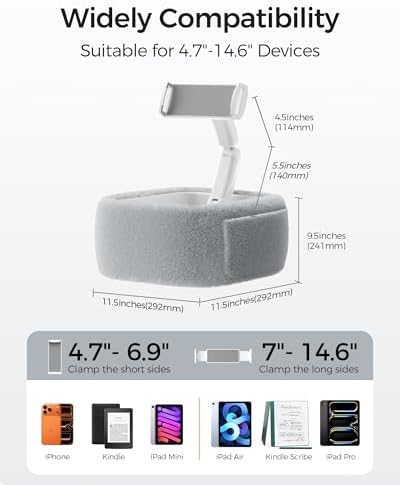 LULULOOK Tablet Pillow Stand, Compatible with iPad, iPhone and 4.7-14.6”Tablet, 360° Adjustable Kindle Pillow Stand for Bed with Ultra Fluffy Fabric & Snack Bowl (Fluffy Gray​) - Image 7