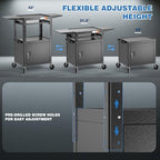 POCHAR Steel AV Cart with Locking Cabinet & Drop Leaves - Adjustable Height Media Carts with Wheels, Pullout Tray, Power Strip - Mobile Workstation Computer Cart for Office Classroom Shop Warehouse - Image 3