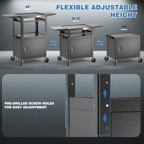 POCHAR Steel AV Cart with Locking Cabinet & Drop Leaves - Adjustable Height Media Carts with Wheels, Pullout Tray, Power Strip - Mobile Workstation Computer Cart for Office Classroom Shop Warehouse - Image 3