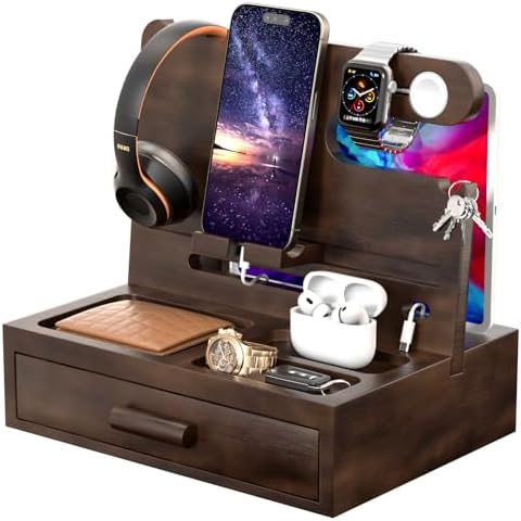 melafa365 Nightstand Organizer for Men,Phone Docking Station with Cable Management,Night Stand with Drawer,Bedside Organizer for Watches,Keys,Wallets,Gifts for Men(Brown) by Qualityproductsqualityservice