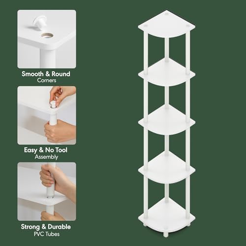 Furinno Turn-N-Tube Corner Shelf, 5-Tier Corner Bookshelf, Open Storage Shelves, for Organization and Storage, Living Room, Home Office, Garage, Bedroom, Plain White - Image 6