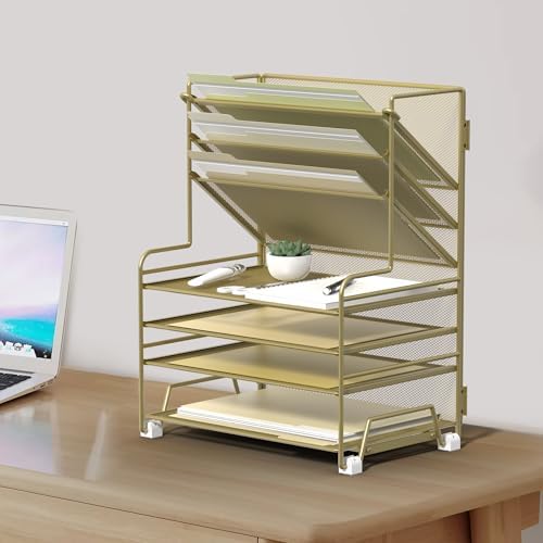 MINDEPOT 4-Tier Paper Organizer + 3-Pocket File Holder + Drawer + Pen Holders, Desktop File Organizers Paper Tray for Office Supplies School Classroom Organization (Gold, no Drawer & Pen Holder) - Image 5