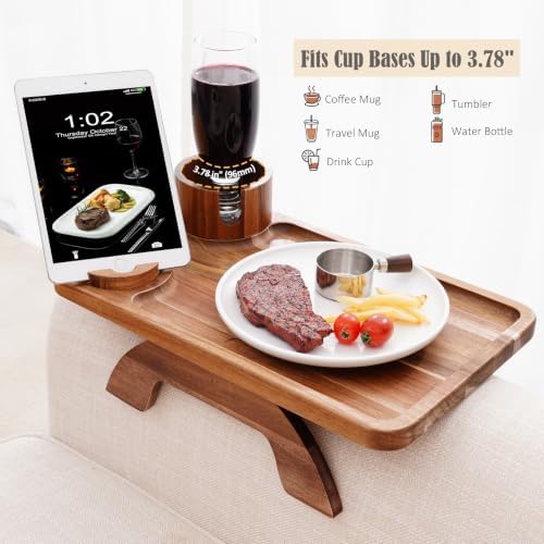 Nnewvante Couch Cup Holder Tray, 3 in 1 Large 15.36"x9.85" Acacia Wood Sofa Arm Clip on Tray Table with 360°Rotated Phone Holder on Armrest - Image 3