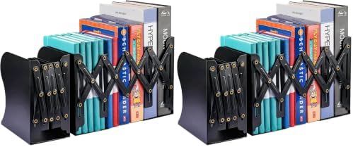 2PCS Adjustable Bookends, Metal Book Ends for Heavy Book, 2 Dividers, Nonslip Book Stander for Desk, Shelf, Office, Stationery Gift, Extends up to 19 inches (Black) (Pack of 2) by OMEYA
