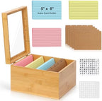 5x8 Index Card Holder with Dividers Bamboo Index Card Storage Box 4 Compartments Recipe Card Box with Lid 150 Index Flash Cards 25 Index Card Dividers 2 Letter smile Stickers for Office Business Home by DLUGOPIS