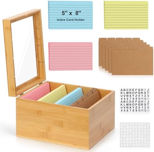 5x8 Index Card Holder with Dividers Bamboo Index Card Storage Box 4 Compartments Recipe Card Box with Lid 150 Index Flash Cards 25 Index Card Dividers 2 Letter smile Stickers for Office Business Home by DLUGOPIS