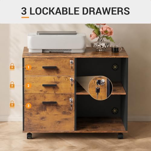 DEVAISE 3-Drawer File Cabinet with Lock, Wood Filing Cabinet, Rustic Brown - Image 6