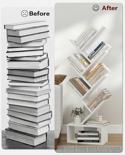 XBurmo 6 Tier Tree Bookshelf - Small Bookcase, Compact Book Tower with Drawer, Corner Bookshelf for Bedroom, Living Room and Home Office Storage, White - Image 4