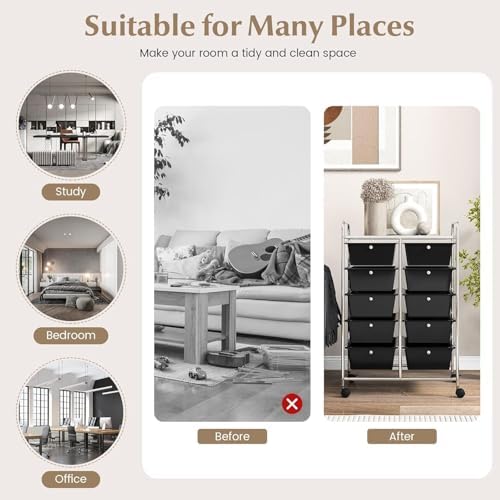 LDAILY 10 Drawer Rolling Cart, Storage Cart Organizer on Wheels, Drawer Cart with Metal Frame & Large Storage Capacity, Rolling Cart with Drawers for Living Room Classroom, Office - Image 6