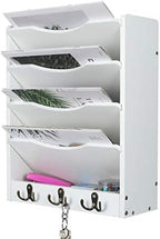 PAG-Mass 5-Tier Wall File Holder Hanging Mail Organizer Wood Magazine Literature Rack with 6 Hooks, White - Image 2